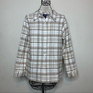Denim & Co QVC Tan Brown Button Plaid Flannel Shirt